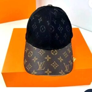 Unbranded Brown Bill / Black Silky Type Cloth Top Monogram Ball Cap Style Hat